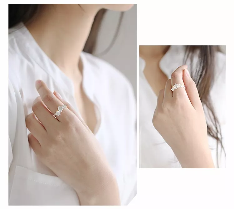 2138148355 1 Anel elegante 925 anéis de prata esterlina flor de ameixa para mulheres tamanho ajustável anel de dedo joia estiloso