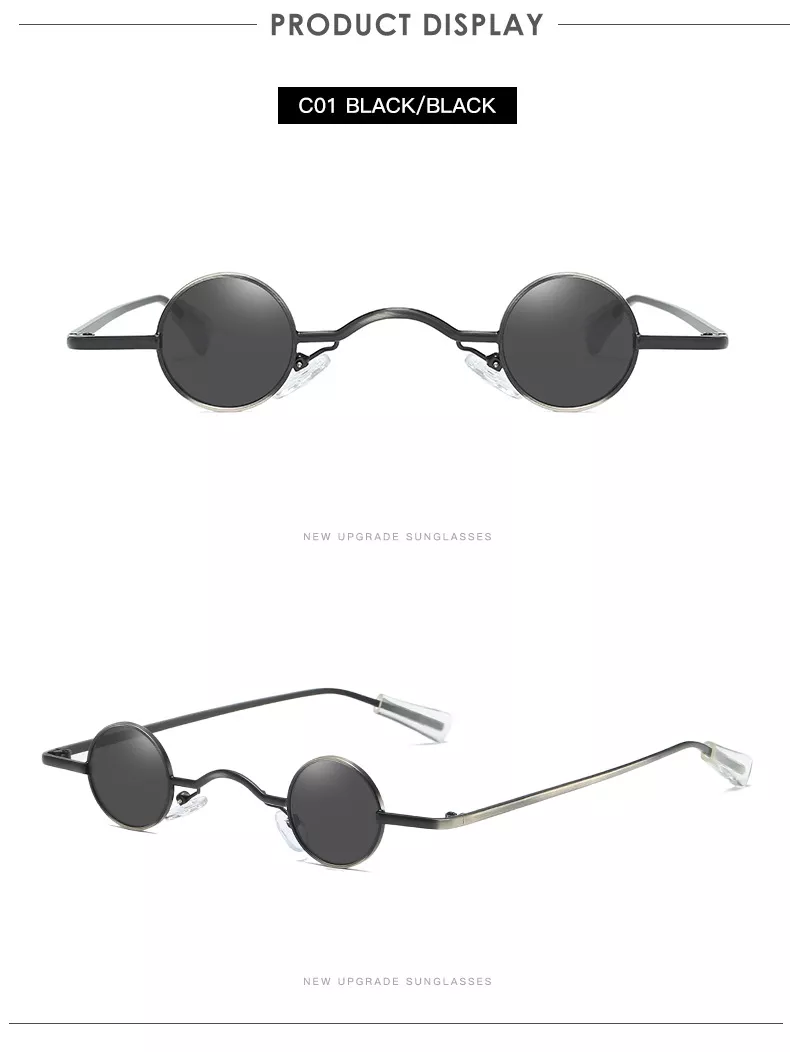 239246846 1 Óculos de sol vintage masculino, punk rock, clássico, redondo, pequeno, ponte larga, armação de metal, lentes pretas, para dirigir