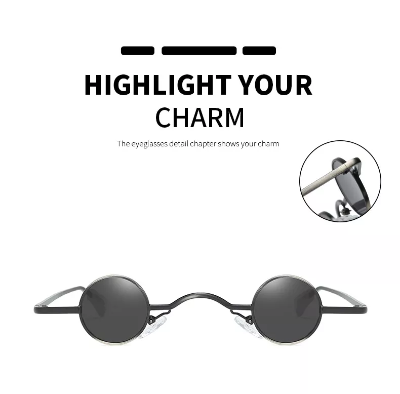306895494 1 Óculos de sol vintage masculino, punk rock, clássico, redondo, pequeno, ponte larga, armação de metal, lentes pretas, para dirigir