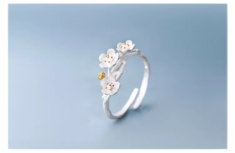 590950888 1 Anel elegante 925 anéis de prata esterlina flor de ameixa para mulheres tamanho ajustável anel de dedo joia estiloso