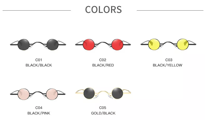 764764672 1 Óculos de sol vintage masculino, punk rock, clássico, redondo, pequeno, ponte larga, armação de metal, lentes pretas, para dirigir
