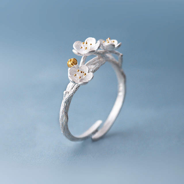 Anel elegante 925 anéis de prata esterlina flor de ameixa para mulheres tamanho ajustável anel de dedo joia estiloso 2